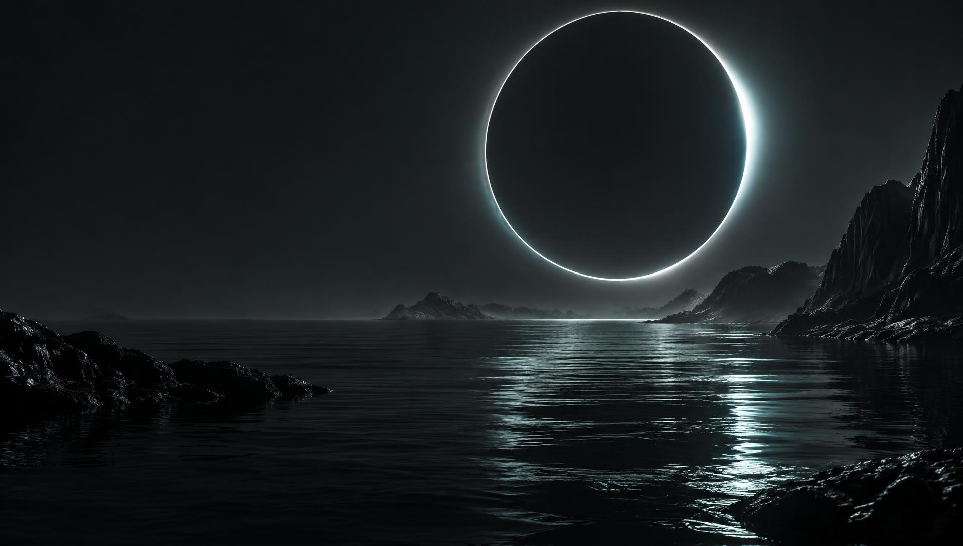 A luminous eclipse above a dark ocean and rugged coastline